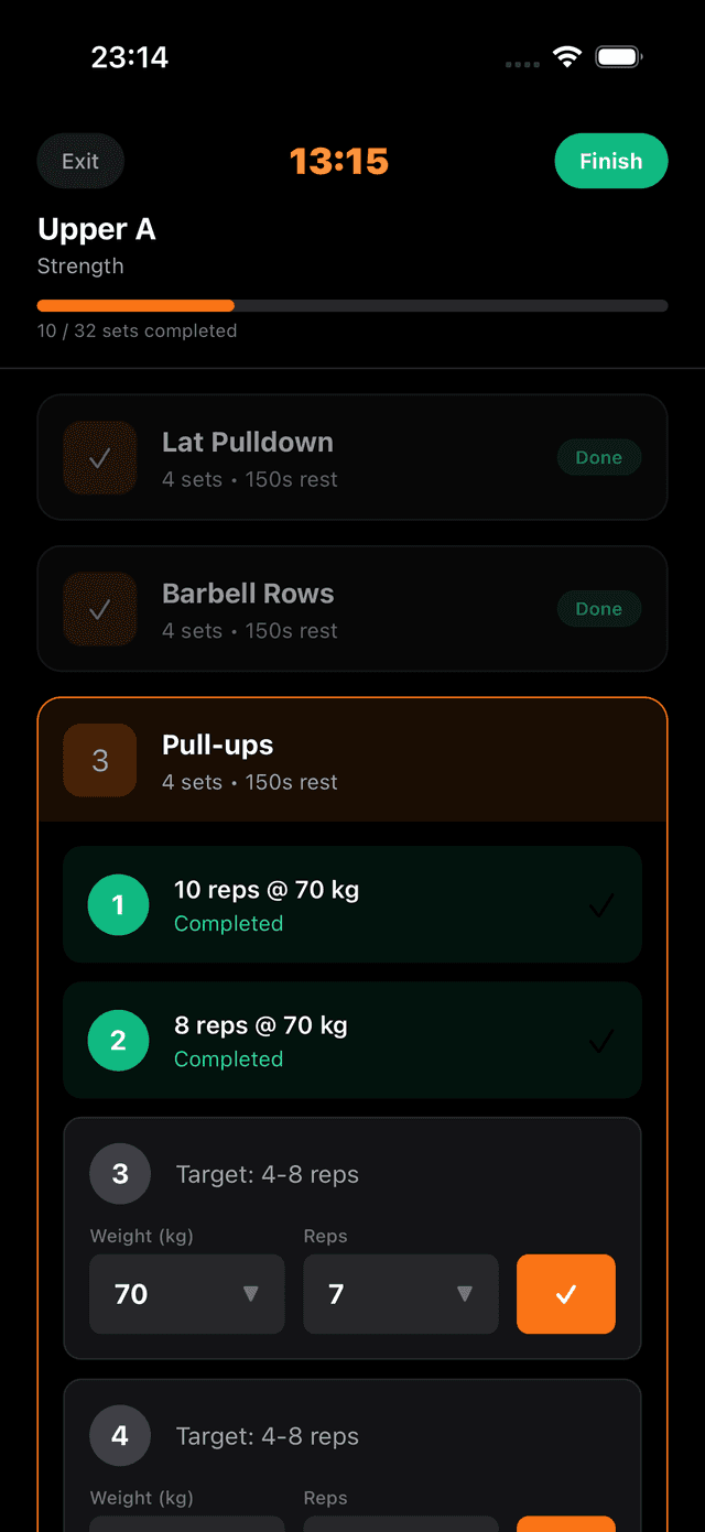 GymGuru workout logging screen tracking exercises, sets, and reps
